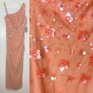 ADRIANNA PAPELL DRESS 6 LONG FORMAL FLORAL 3D SEQUIN ONE SHOULDER WEDDING GUEST